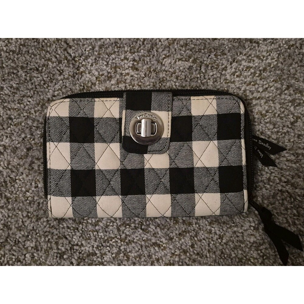 VERA BRADLEY RFID Turnlock & Zip Around Wallet - Pearl Buffalo Check Black